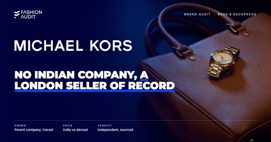 Michael Kors brand audit by FashionAudit: Michael Kors logo over a saffiano leather tote bag in rich tan