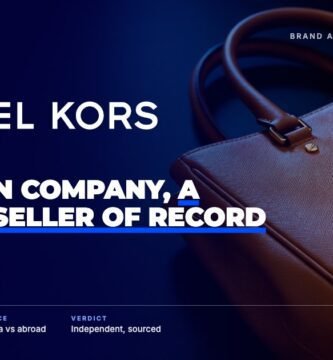 Michael Kors brand audit by FashionAudit: Michael Kors logo over a saffiano leather tote bag in rich tan