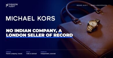 Michael Kors brand audit by FashionAudit: Michael Kors logo over a saffiano leather tote bag in rich tan