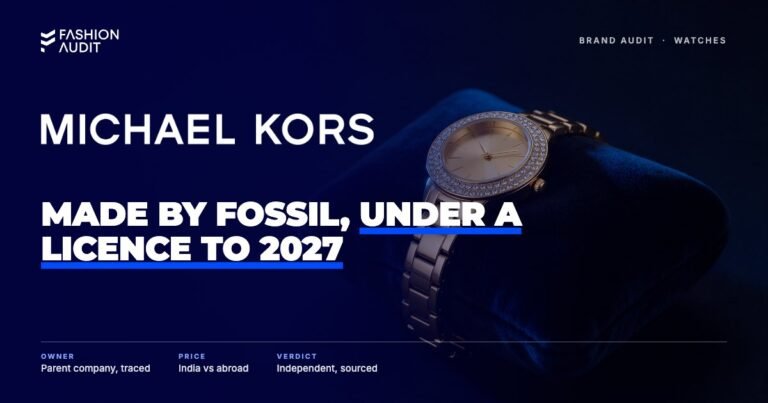 Michael Kors Watches brand audit by FashionAudit: Michael Kors Watches logo over a gold-tone fashion watch on velvet
