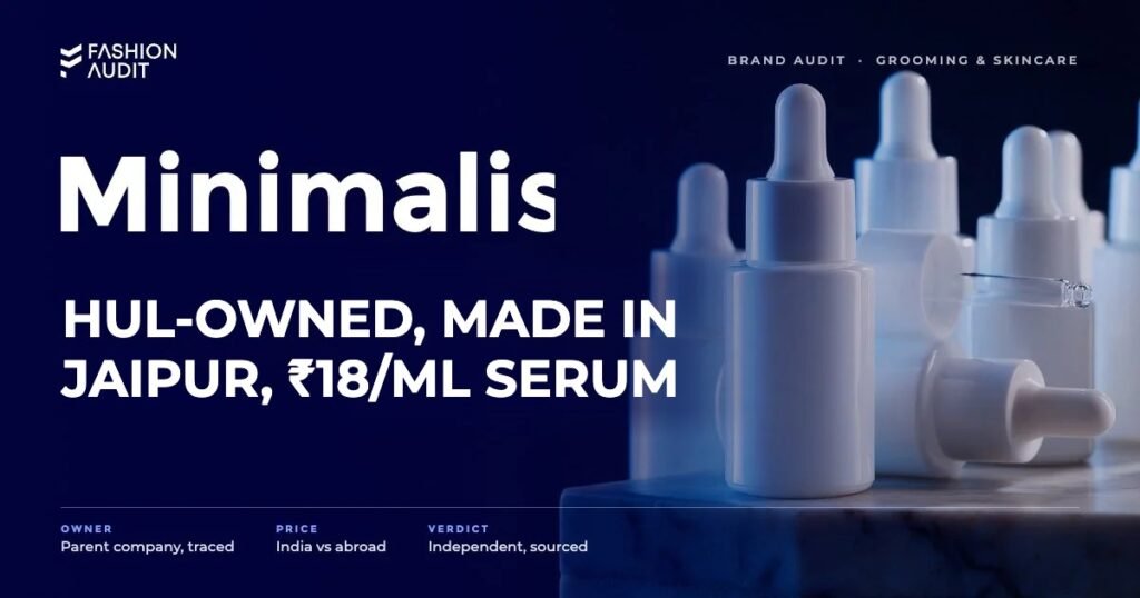 Minimalist brand audit by FashionAudit: Minimalist logo and the headline “HUL-Owned, Made in Jaipur, ₹18/ml Serum” over clean white serum dropper bottles with transparent liquid on stone