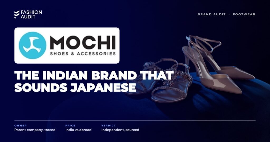 Mochi brand audit by FashionAudit: Mochi logo over elegant women's embellished sandals and heels on a velvet display