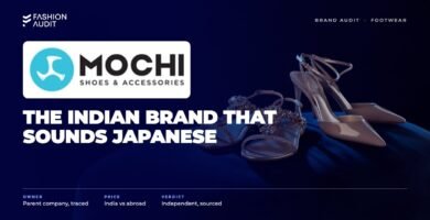 Mochi brand audit by FashionAudit: Mochi logo over elegant women's embellished sandals and heels on a velvet display