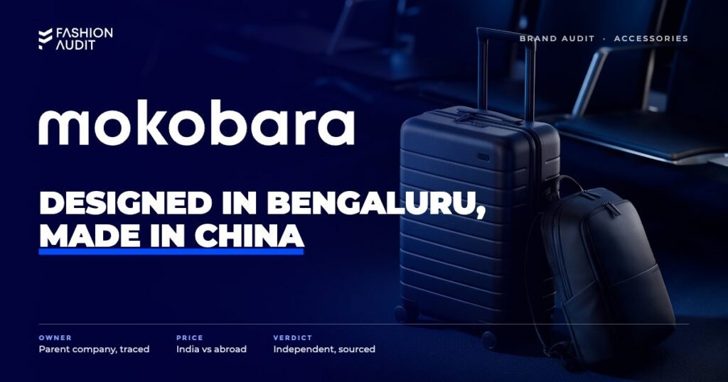 Mokobara brand audit by FashionAudit: Mokobara logo over a sleek minimalist cabin suitcase and backpack in a modern airport lounge