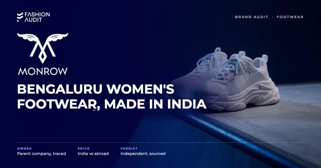 Monrow brand audit by FashionAudit: Monrow logo and the headline “Bengaluru Women's Footwear, Made in India” over a pair of chunky white streetwear sneakers on a concrete skate ramp
