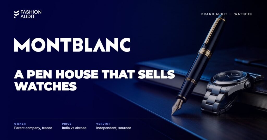Montblanc brand audit by FashionAudit: Montblanc logo over a luxury black-and-gold fountain pen with a gold nib