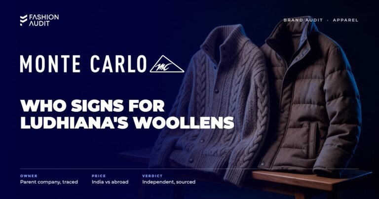 Monte Carlo brand audit by FashionAudit: Monte Carlo logo over a cable-knit wool sweater and a quilted winter jacket on a wooden bench