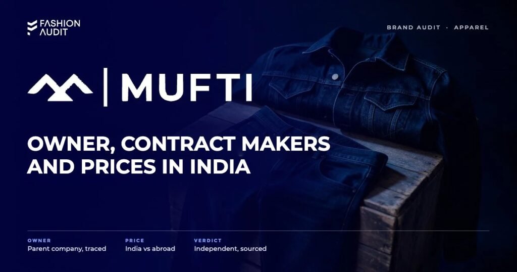 Mufti brand audit by FashionAudit: Mufti logo and the headline “Owner, Contract Makers and Prices in India” over dark rinse slim jeans and a denim jacket on a weathered wooden crate
