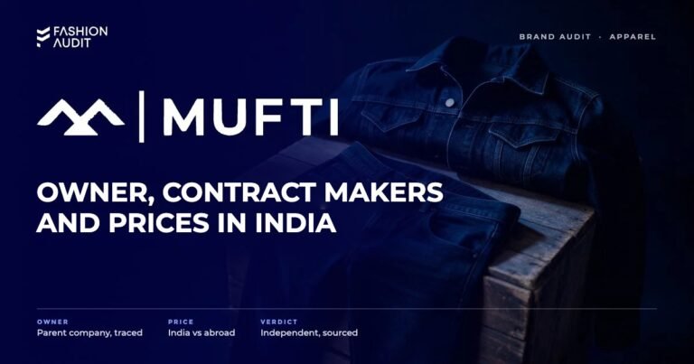 Mufti brand audit by FashionAudit: Mufti logo and the headline “Owner, Contract Makers and Prices in India” over dark rinse slim jeans and a denim jacket on a weathered wooden crate