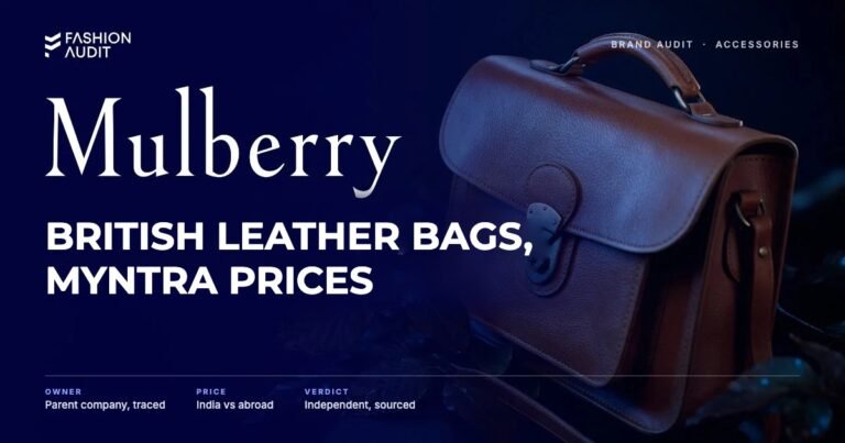 Mulberry brand audit by FashionAudit: Mulberry logo and the headline “British Leather Bags, Myntra Prices” over a classic oak-brown grained leather satchel with postman's lock