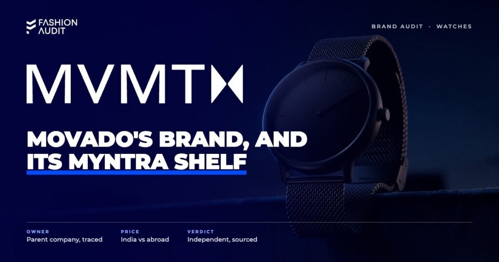 MVMT brand audit by FashionAudit: MVMT logo over a minimalist black watch with a mesh strap on a city rooftop ledge at dusk