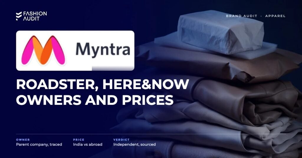 Myntra brand audit by FashionAudit: Myntra logo and the headline “Roadster, HERE&NOW Owners and Prices” over a stack of shopping parcels and folded fashion garments on a doorstep