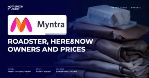 Myntra brand audit by FashionAudit: Myntra logo and the headline “Roadster, HERE&NOW Owners and Prices” over a stack of shopping parcels and folded fashion garments on a doorstep