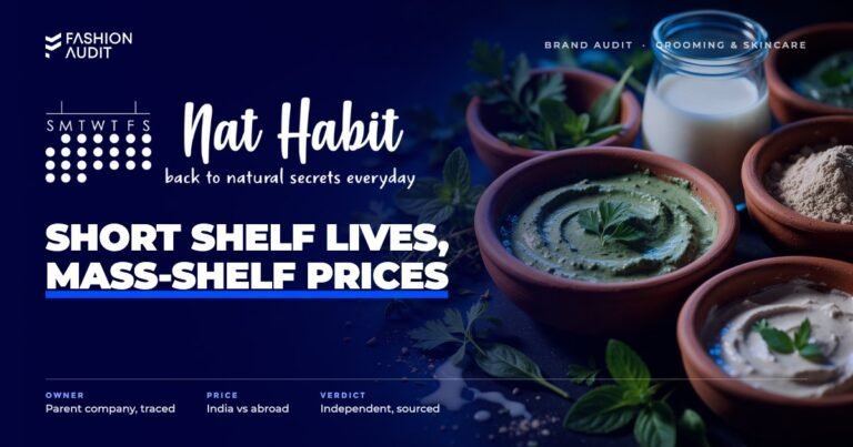 Nat Habit brand audit by FashionAudit: Nat Habit logo over fresh-made natural face masks in clay bowls with herbs and milk