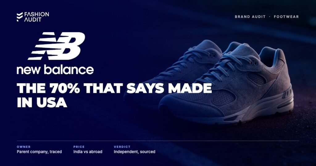 New Balance brand audit by FashionAudit: New Balance logo over a pair of grey suede-and-mesh retro running sneakers on a city running track at dusk