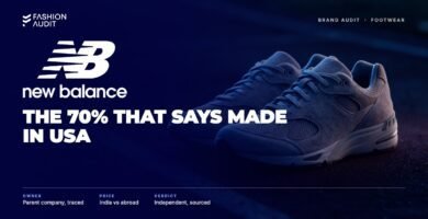 New Balance brand audit by FashionAudit: New Balance logo over a pair of grey suede-and-mesh retro running sneakers on a city running track at dusk