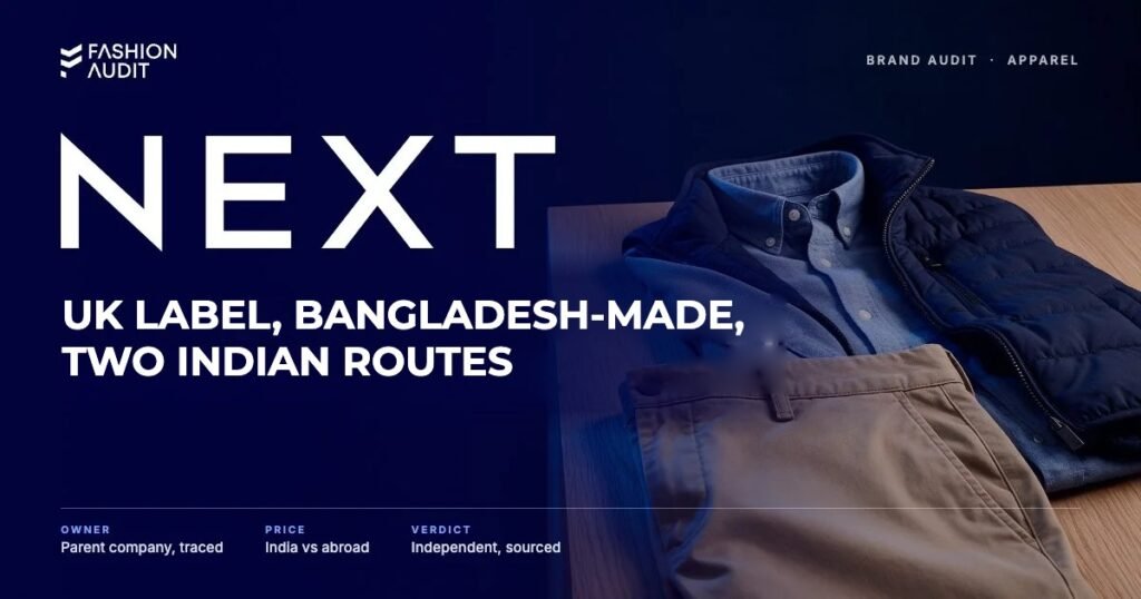 NEXT brand audit by FashionAudit: NEXT logo and the headline “UK Label, Bangladesh-Made, Two Indian Routes” over a smart-casual outfit of chinos