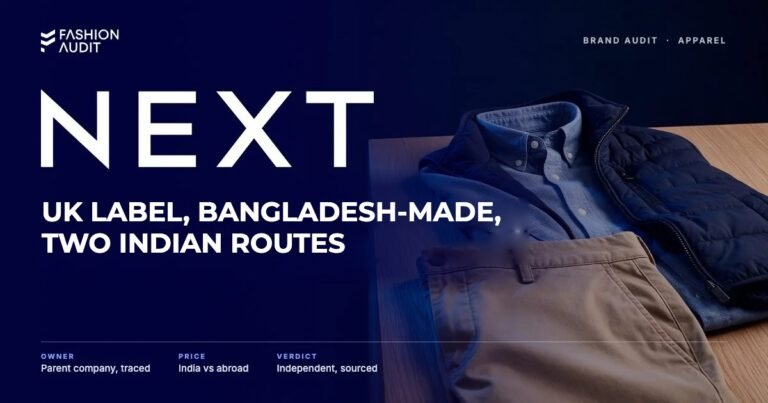 NEXT brand audit by FashionAudit: NEXT logo and the headline “UK Label, Bangladesh-Made, Two Indian Routes” over a smart-casual outfit of chinos