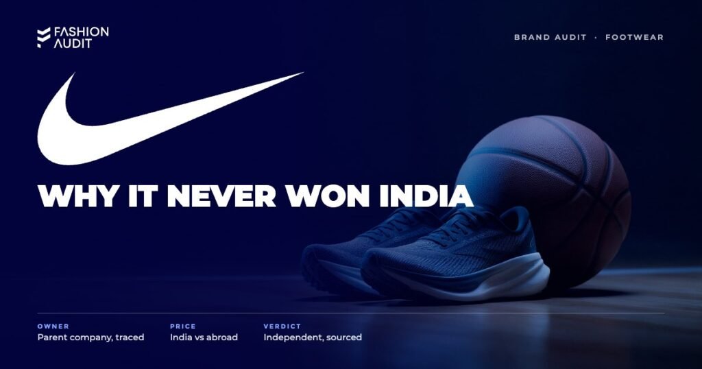 Nike brand audit by FashionAudit: Nike logo over a pair of performance running shoes with a basketball on a court