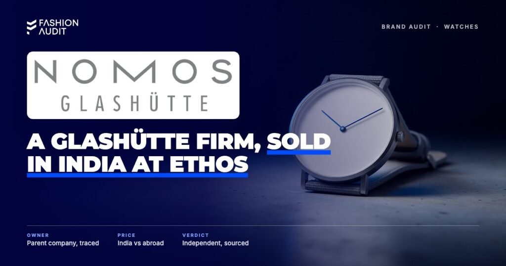 Nomos brand audit by FashionAudit: Nomos logo over a minimalist white-dial dress watch
