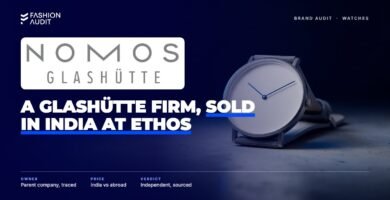 Nomos brand audit by FashionAudit: Nomos logo over a minimalist white-dial dress watch