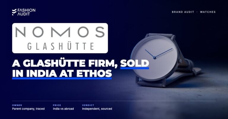 Nomos brand audit by FashionAudit: Nomos logo over a minimalist white-dial dress watch
