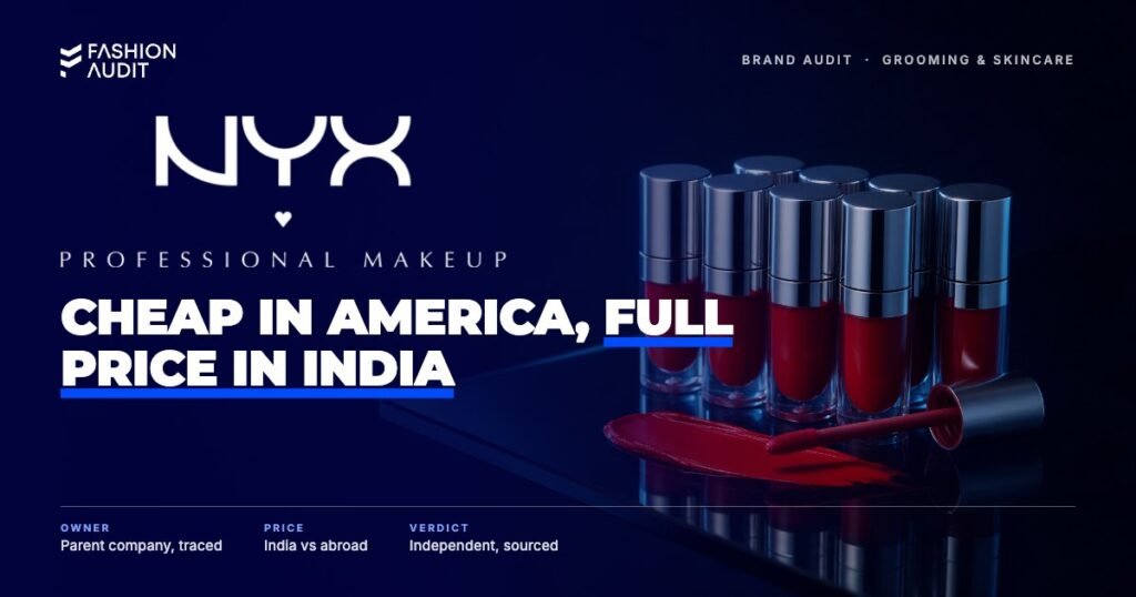 NYX brand audit by FashionAudit: NYX logo over bold liquid lipsticks with a red swatch