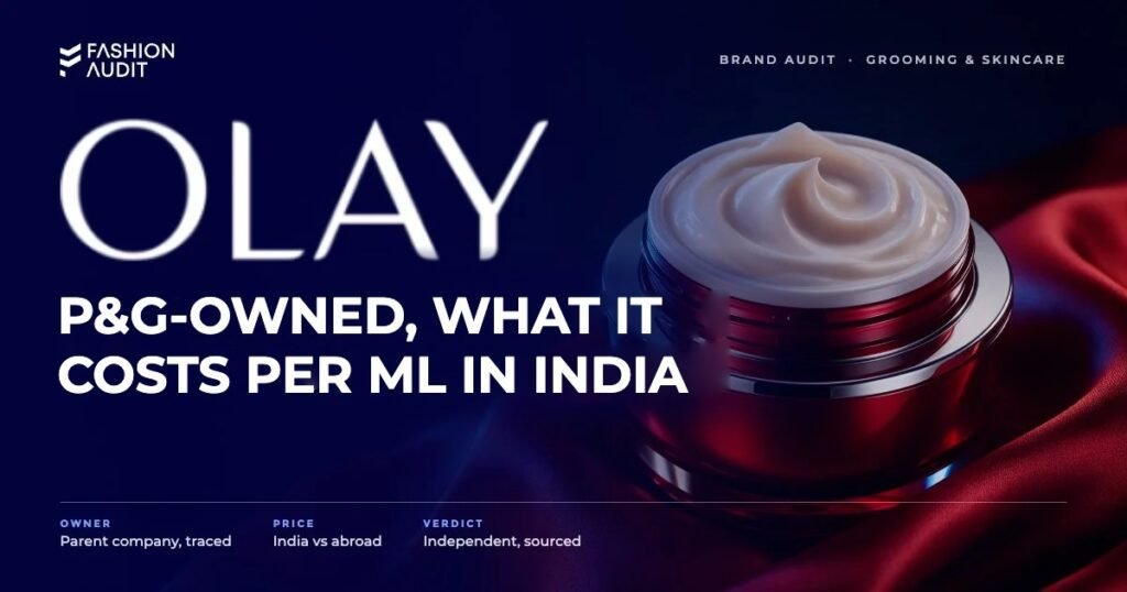 Olay brand audit by FashionAudit: Olay logo and the headline “P&G-Owned, What It Costs Per ml in India” over a luxurious red moisturiser jar with a swirl of rich cream on silk
