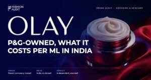 Olay brand audit by FashionAudit: Olay logo and the headline “P&G-Owned, What It Costs Per ml in India” over a luxurious red moisturiser jar with a swirl of rich cream on silk
