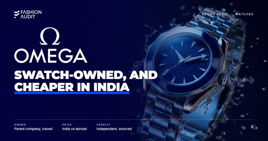 Omega brand audit by FashionAudit: Omega logo over a steel diving watch with a wave-textured blue dial and ceramic bezel