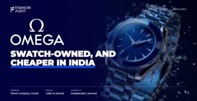 Omega brand audit by FashionAudit: Omega logo over a steel diving watch with a wave-textured blue dial and ceramic bezel