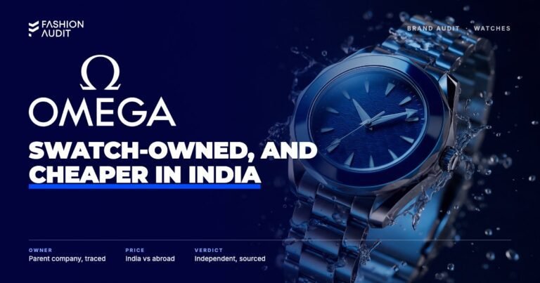 Omega brand audit by FashionAudit: Omega logo over a steel diving watch with a wave-textured blue dial and ceramic bezel