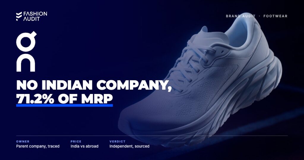 On Running brand audit by FashionAudit: On Running logo over a lightweight running shoe with a segmented sole
