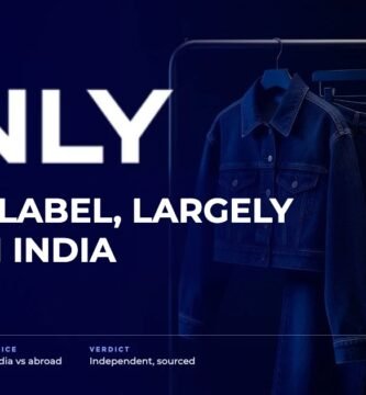 ONLY brand audit by FashionAudit: ONLY logo and the headline “Danish Label, Largely Made in India” over a women's cropped denim jacket and wide-leg jeans on a minimal rail