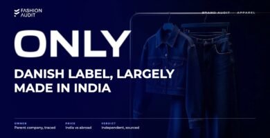 ONLY brand audit by FashionAudit: ONLY logo and the headline “Danish Label, Largely Made in India” over a women's cropped denim jacket and wide-leg jeans on a minimal rail