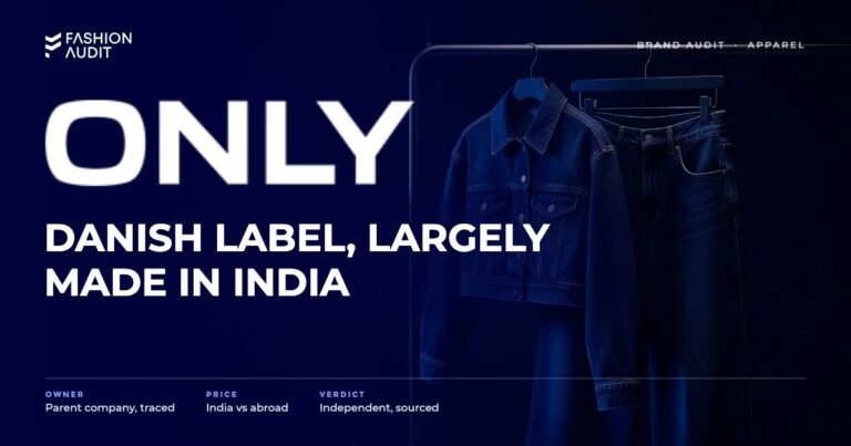 ONLY brand audit by FashionAudit: ONLY logo and the headline “Danish Label, Largely Made in India” over a women's cropped denim jacket and wide-leg jeans on a minimal rail