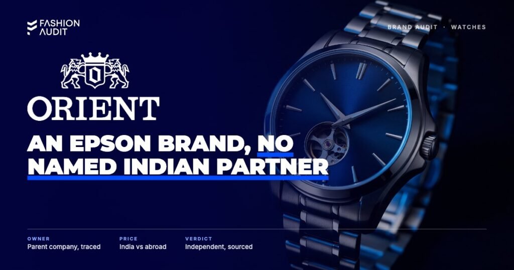 Orient brand audit by FashionAudit: Orient logo over an automatic watch with an open-heart blue dial