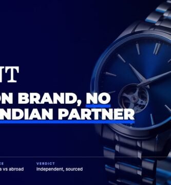 Orient brand audit by FashionAudit: Orient logo over an automatic watch with an open-heart blue dial