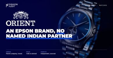 Orient brand audit by FashionAudit: Orient logo over an automatic watch with an open-heart blue dial