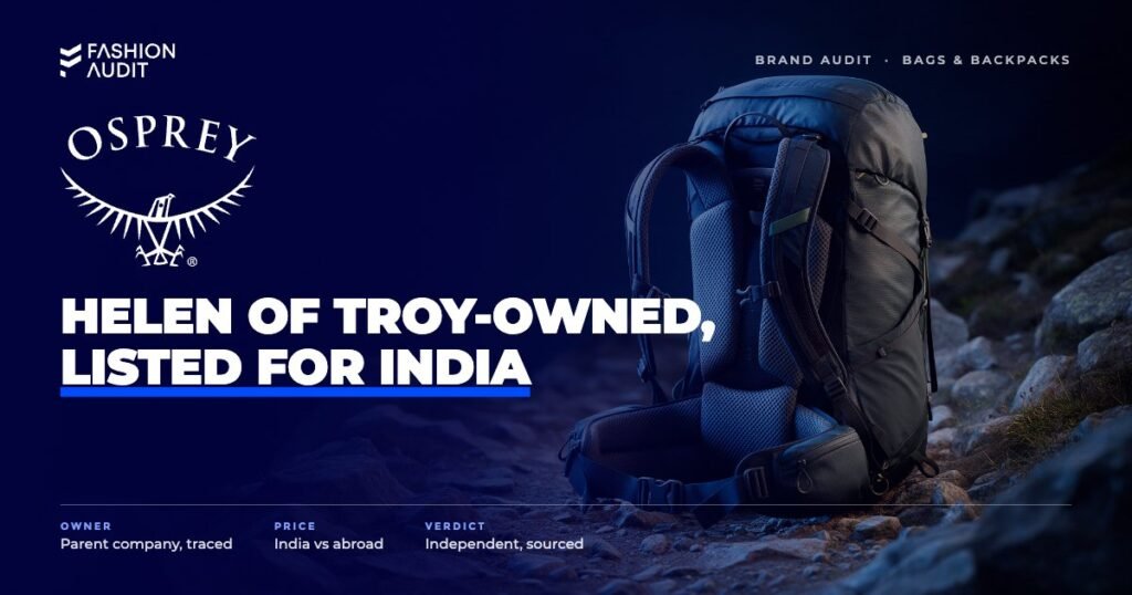 Osprey brand audit by FashionAudit: Osprey logo over a technical hiking backpack with hip belt on a rocky mountain trail