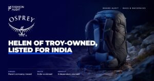 Osprey brand audit by FashionAudit: Osprey logo over a technical hiking backpack with hip belt on a rocky mountain trail