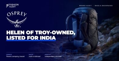 Osprey brand audit by FashionAudit: Osprey logo over a technical hiking backpack with hip belt on a rocky mountain trail