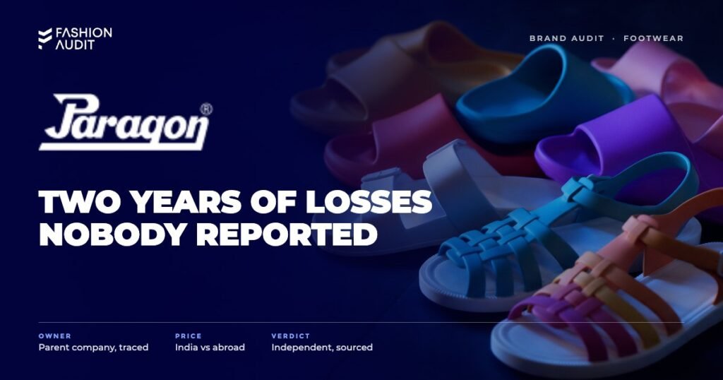 Paragon brand audit by FashionAudit: Paragon logo over everyday rubber sandals and slippers in bright colours on a tiled floor