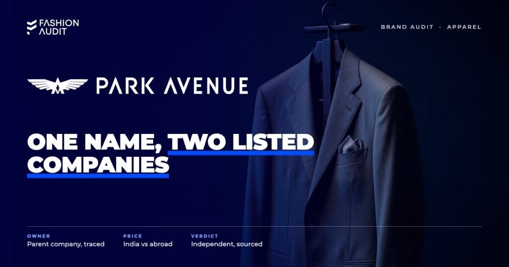 Park Avenue brand audit by FashionAudit: Park Avenue logo over a tailored grey suit jacket and a pocket square on a valet stand