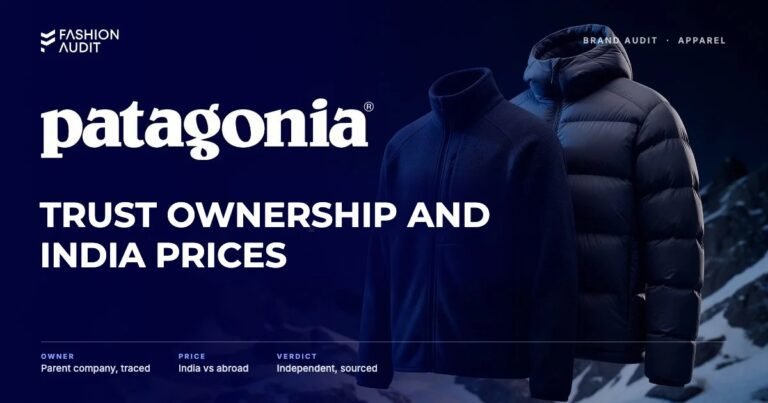 Patagonia brand audit by FashionAudit: Patagonia logo and the headline “Trust Ownership and India Prices” over a technical fleece jacket and a puffer jacket
