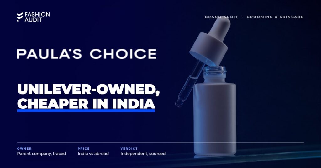 Paula's Choice brand audit by FashionAudit: Paula's Choice logo over minimalist white serum bottles with a dropper of clear exfoliant on glass