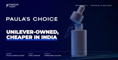 Paula's Choice brand audit by FashionAudit: Paula's Choice logo over minimalist white serum bottles with a dropper of clear exfoliant on glass