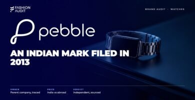 Pebble brand audit by FashionAudit: Pebble logo over a sleek rectangular smartwatch with a metal strap on a glass desk