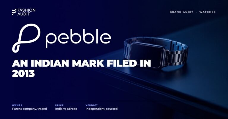Pebble brand audit by FashionAudit: Pebble logo over a sleek rectangular smartwatch with a metal strap on a glass desk