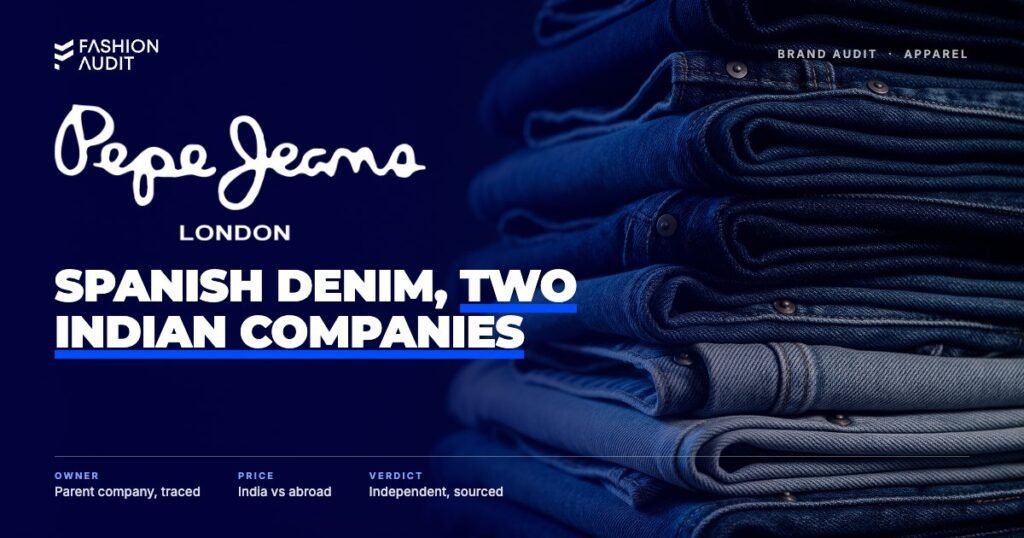 Pepe Jeans brand audit by FashionAudit: Pepe Jeans logo over stacks of folded indigo denim jeans in various washes